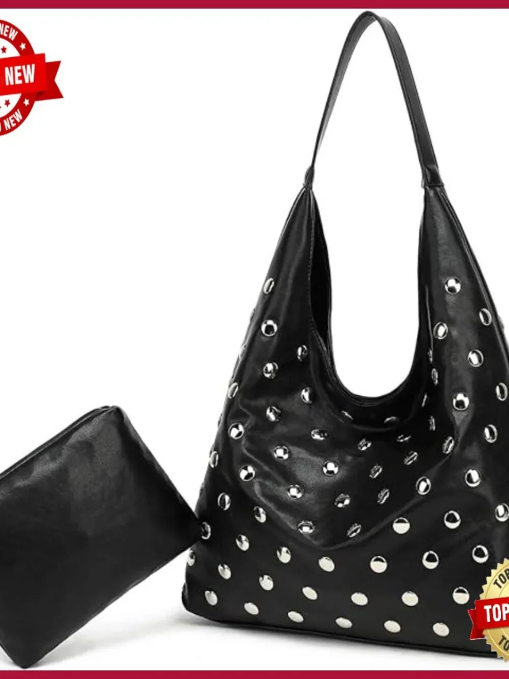 Studded Vegan Leather Hobo Tote Shoulder Bag Spacious Slouchy Purse